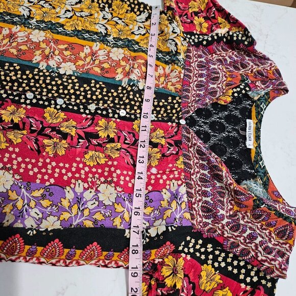 Figueroa & Flower Boho Top P Large Multi Color Floral 3/4 Puff Sleeve Lace Back - Picture 5 of 9
